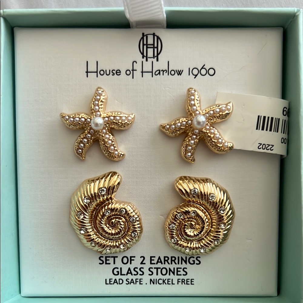 House of Harlow 1960 Gold Starfish and Shell Earrings Set